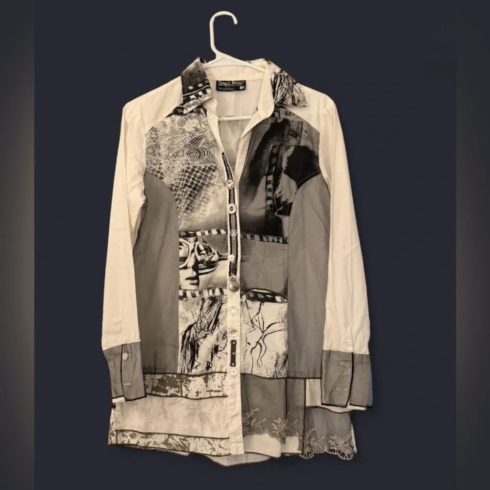Tango Mango Collection Art-to-Wear Patchwork Embellished Tunic Shirt Small - Picture 1 of 13